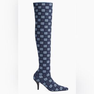 Gucci GG Knit Knee High Demi Boots Heels Blue 36.5 / 6.5